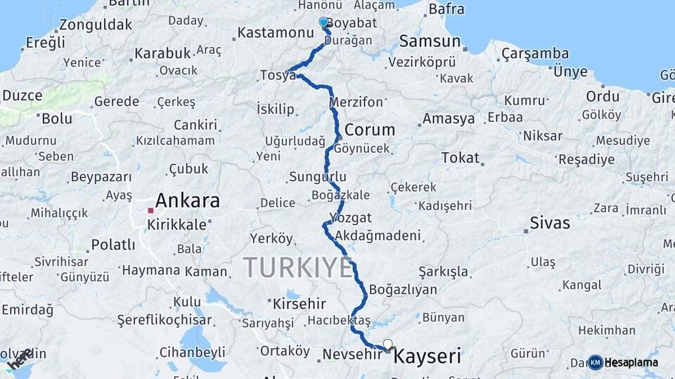 Sinop Boyabat Kayseri Arası Kaç Km - Yol Haritası