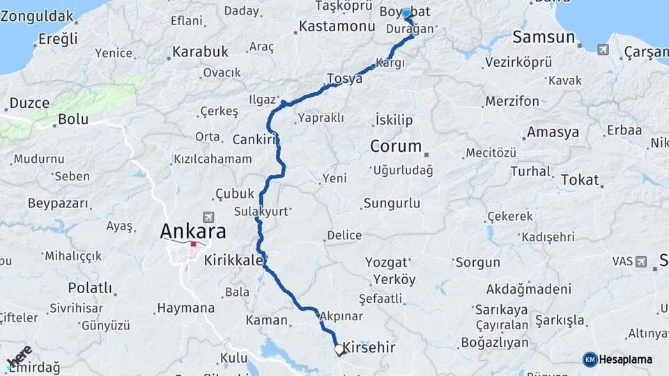 Sinop Boyabat Kırşehir Arası Kaç Km - Yol Haritası