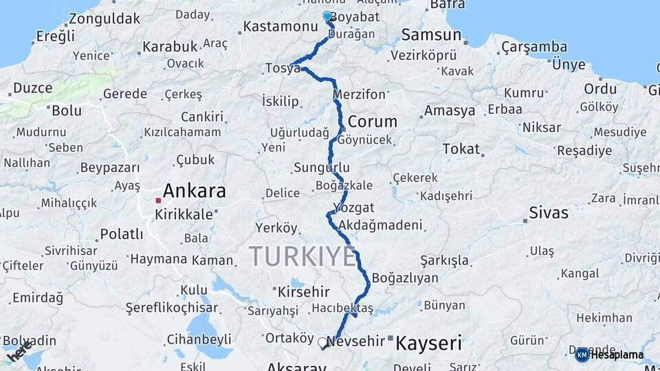 Sinop Boyabat Nevşehir Arası Kaç Km - Yol Haritası