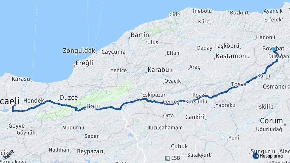 Sinop Boyabat Sakarya Arası Kaç Km - Yol Haritası
