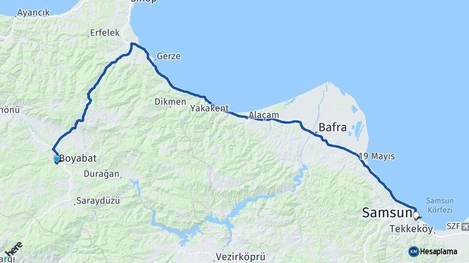 Sinop Boyabat Samsun Arası Kaç Km - Yol Haritası