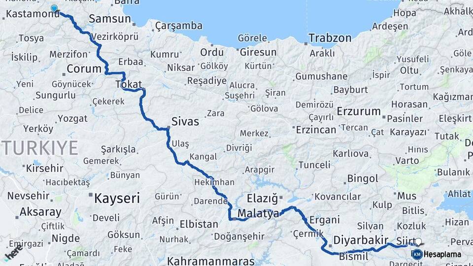 Sinop Boyabat Siirt Arası Kaç Km - Yol Haritası