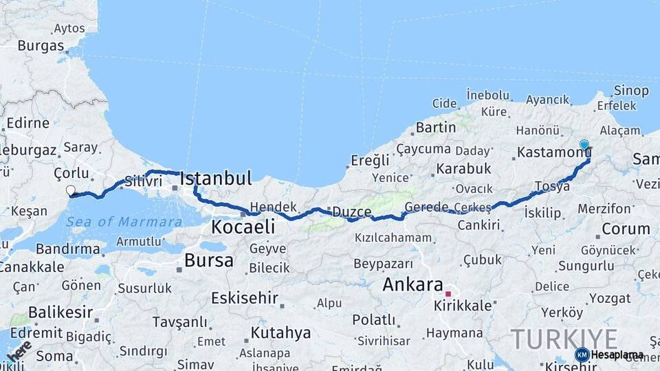 Sinop Boyabat Tekirdağ Arası Kaç Km - Yol Haritası