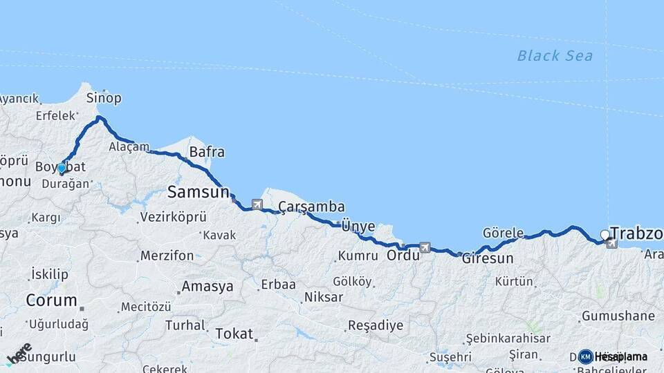 Sinop Boyabat Trabzon Arası Kaç Km - Yol Haritası