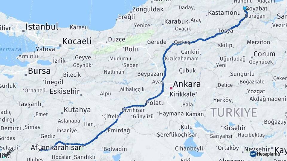 Sinop Boyabat Uşak Arası Kaç Km - Yol Haritası