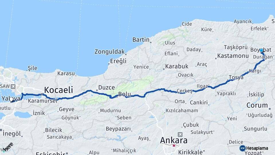 Sinop Boyabat Yalova Arası Kaç Km - Yol Haritası