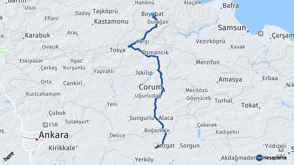 Sinop Boyabat Yozgat Arası Kaç Km - Yol Haritası