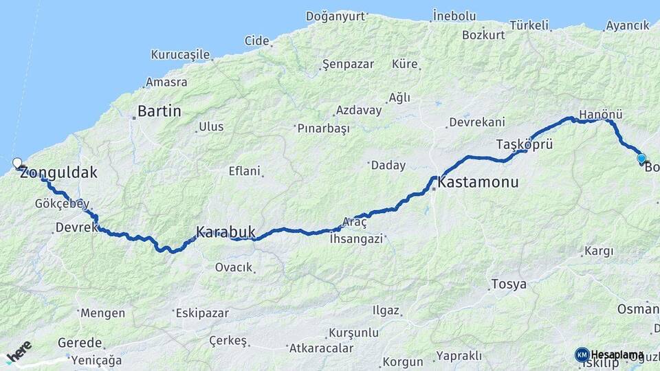 Sinop Boyabat Zonguldak Arası Kaç Km - Yol Haritası
