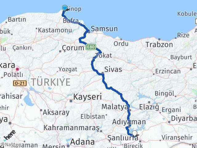 Sinop Bozova Şanlıurfa Arası Kaç Km - Yol Haritası