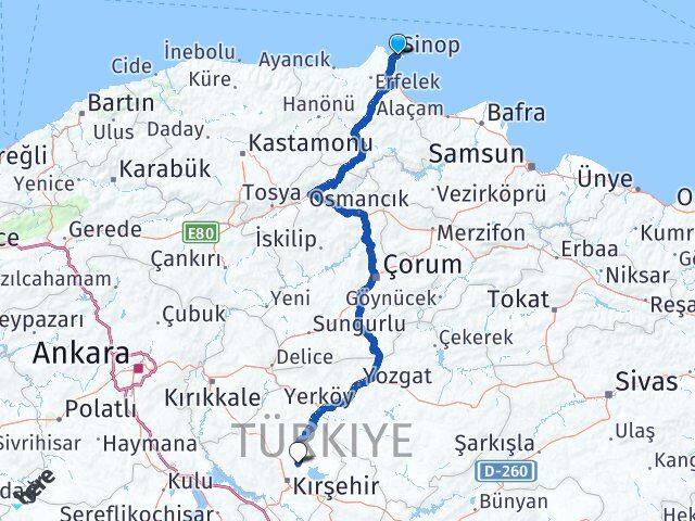 Sinop Boztepe Kırşehir Arası Kaç Km - Yol Haritası