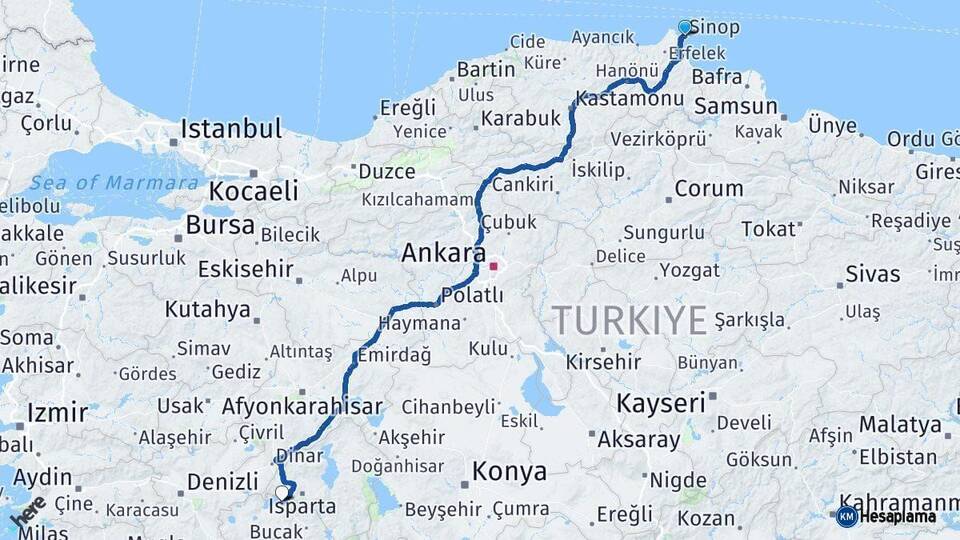 Sinop Burdur Arası Kaç Km - Yol Haritası