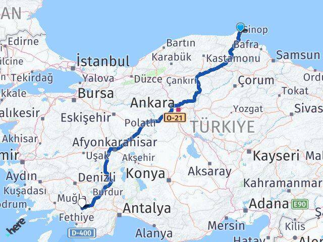 Sinop Çameli Denizli Arası Kaç Km - Yol Haritası