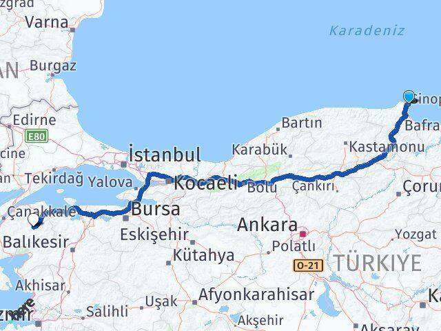 Sinop Çan Çanakkale Arası Kaç Km - Yol Haritası