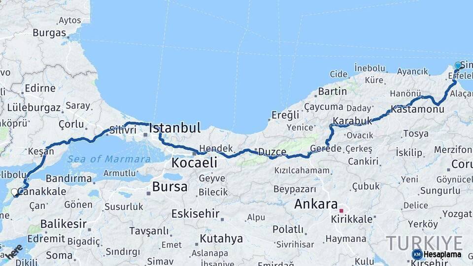 Sinop Çanakkale Arası Kaç Km - Yol Haritası