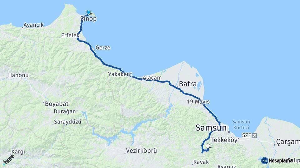 Sinop Canik Samsun Arası Kaç Km - Yol Haritası