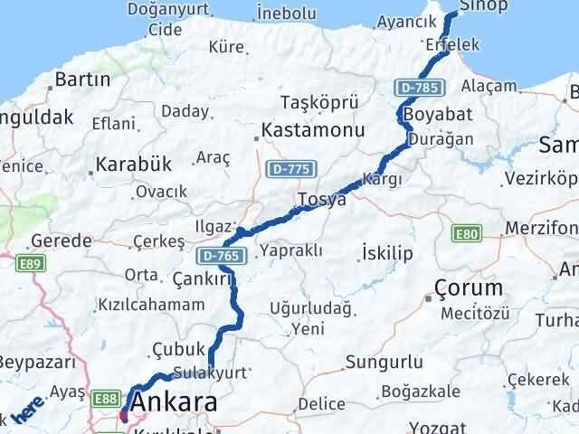 Sinop Çankaya Ankara Arası Kaç Km - Yol Haritası