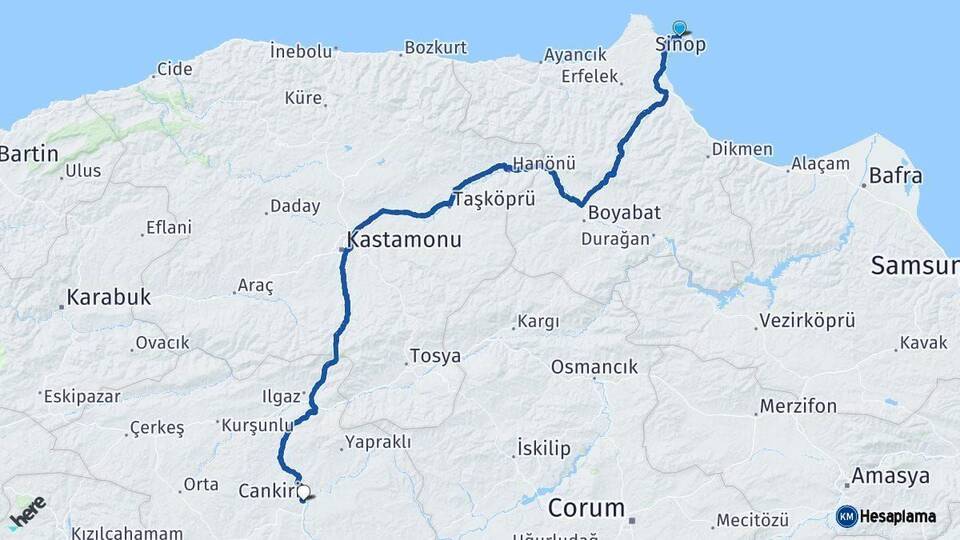 Sinop Çankırı Arası Kaç Km - Yol Haritası