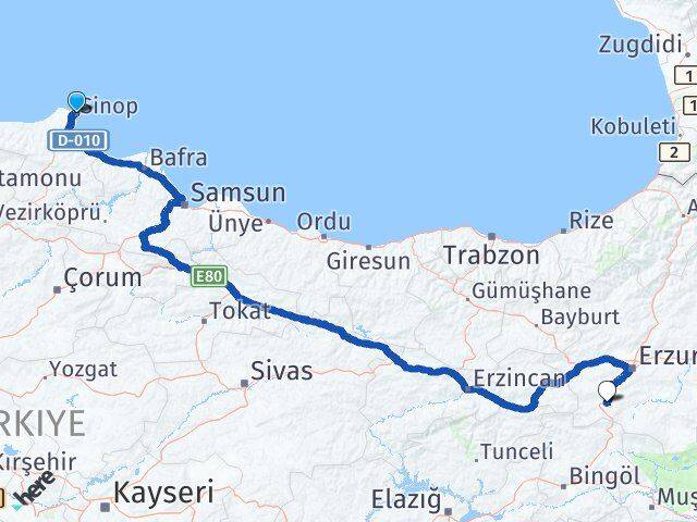 Sinop Çat Erzurum Arası Kaç Km - Yol Haritası