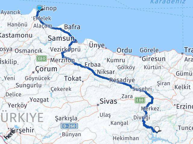 Sinop Çemişgezek Tunceli Arası Kaç Km - Yol Haritası