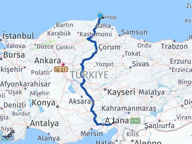 Sinop Ceyhan Adana Arası Kaç Km - Yol Haritası