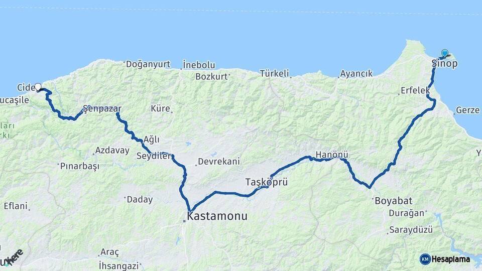 Sinop Cide Kastamonu Arası Kaç Km - Yol Haritası