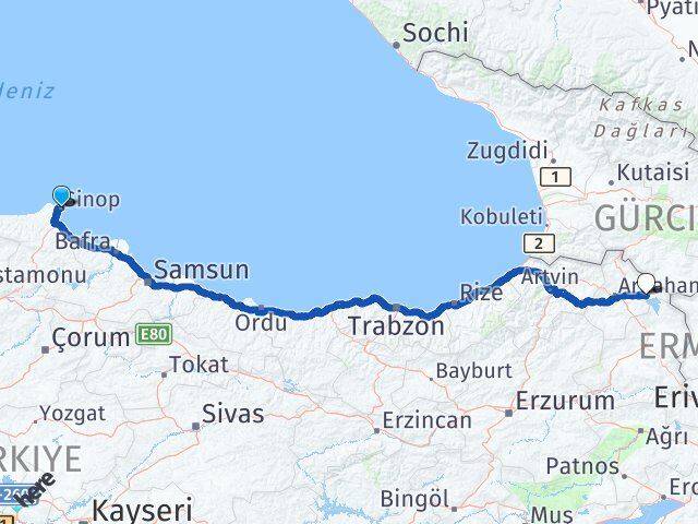 Sinop Çıldır Ardahan Arası Kaç Km - Yol Haritası