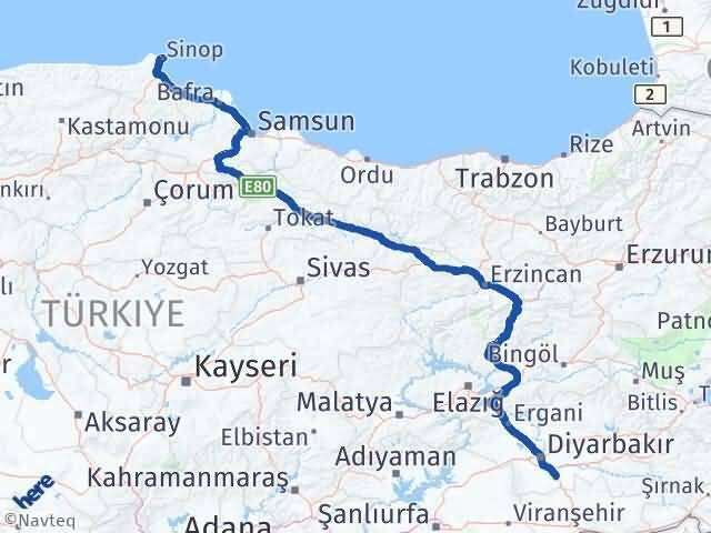 Sinop Çınar Diyarbakır Arası Kaç Km - Yol Haritası