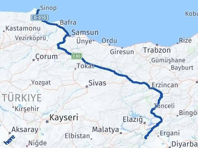 Sinop Çüngüş Diyarbakır Arası Kaç Km - Yol Haritası