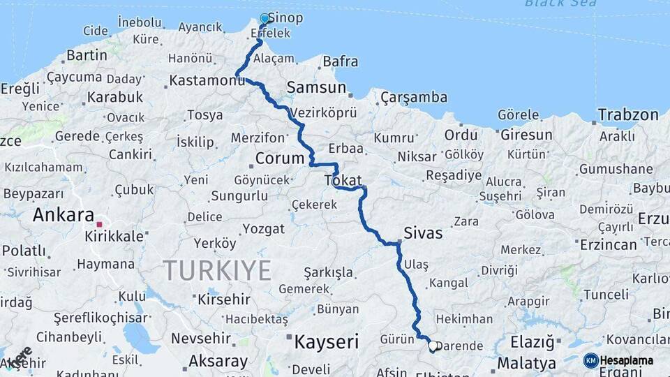 Sinop Darende Malatya Arası Kaç Km - Yol Haritası