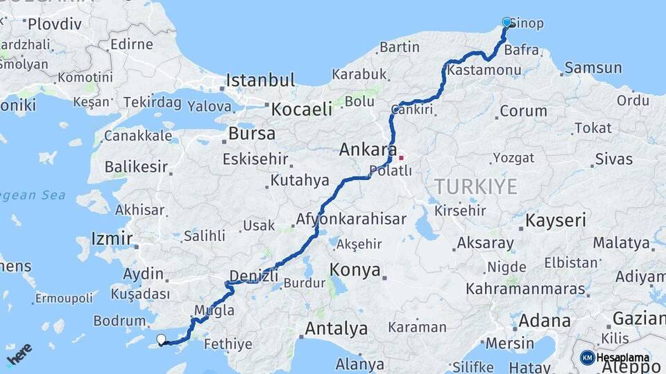 Sinop Datça Muğla Arası Kaç Km - Yol Haritası