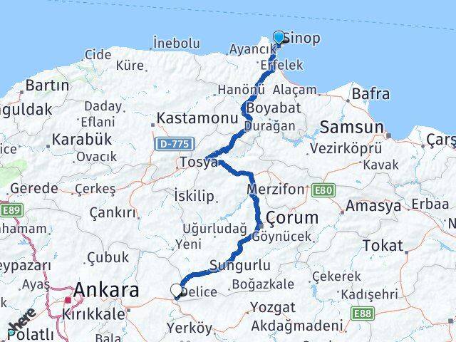 Sinop Delice Kırıkkale Arası Kaç Km - Yol Haritası