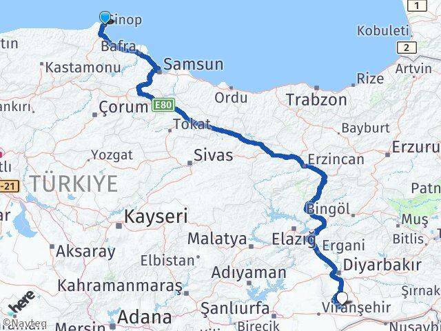 Sinop Derik Mardin Arası Kaç Km - Yol Haritası