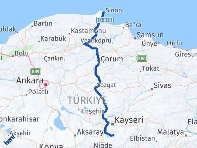 Sinop Develi Kayseri Arası Kaç Km - Yol Haritası