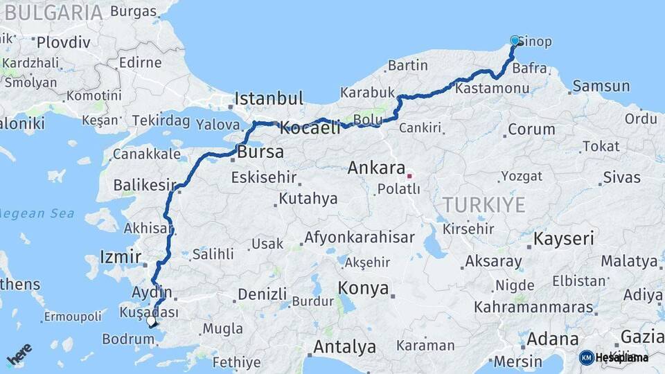 Sinop Didim Aydın Arası Kaç Km - Yol Haritası