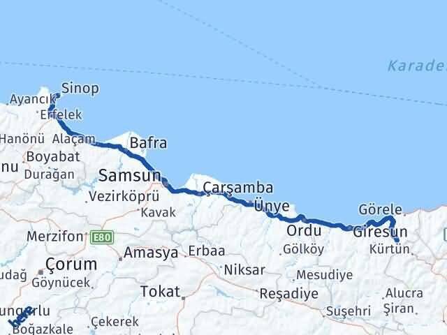 Sinop Doğankent Giresun Arası Kaç Km - Yol Haritası
