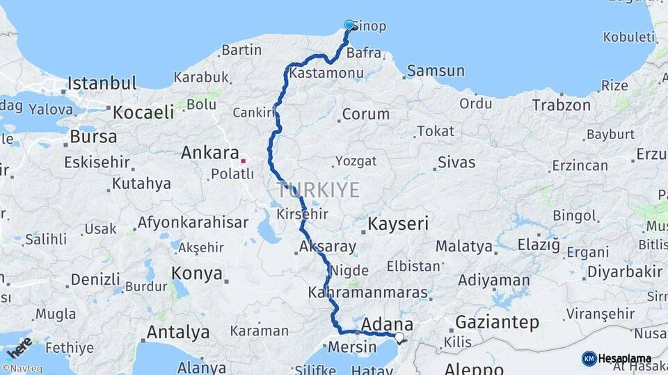 Sinop Dörtyol Hatay Arası Kaç Km - Yol Haritası