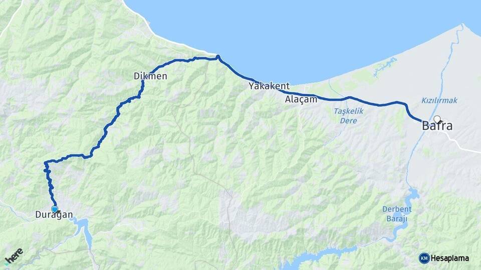 Sinop Durağan Bafra Samsun Arası Kaç Km - Yol Haritası