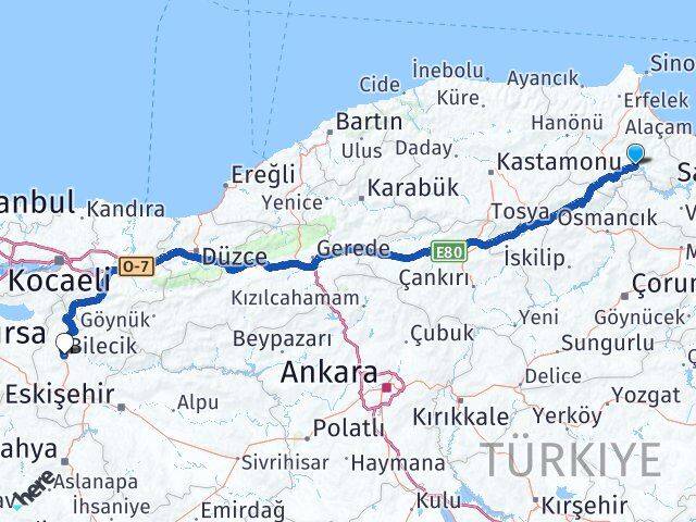 Sinop Durağan Bilecik Arası Kaç Km - Yol Haritası