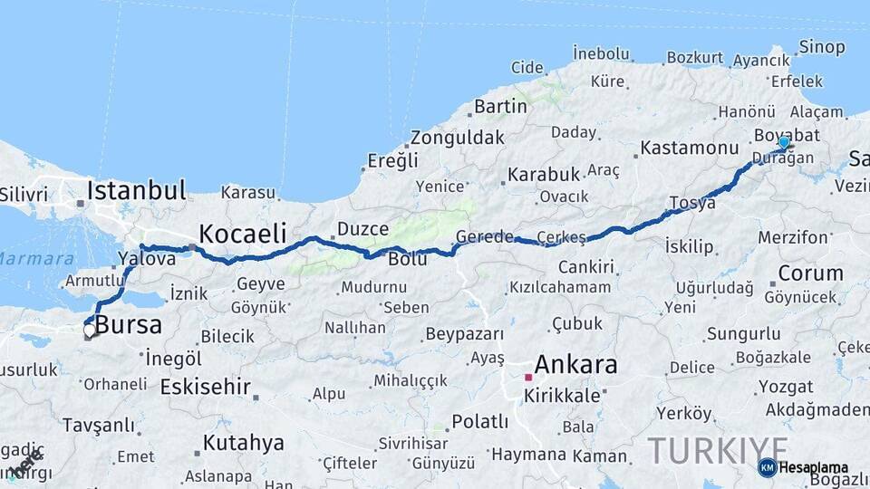 Durağan Bursa Arası Kaç Km - Yol Tarifi