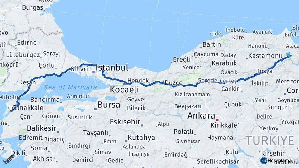 Durağan Çanakkale Arası Kaç Km - Yol Tarifi