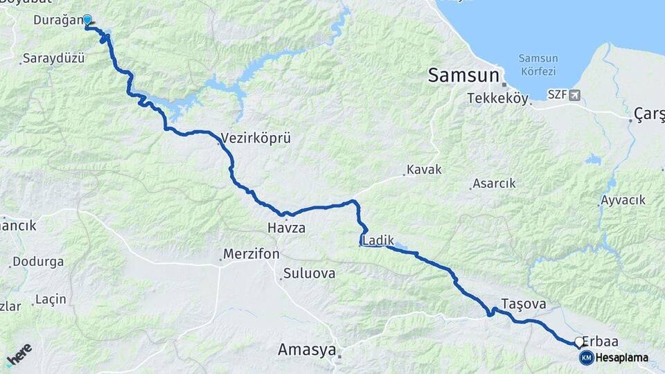 Sinop Durağan Erbaa Tokat Arası Kaç Km - Yol Haritası