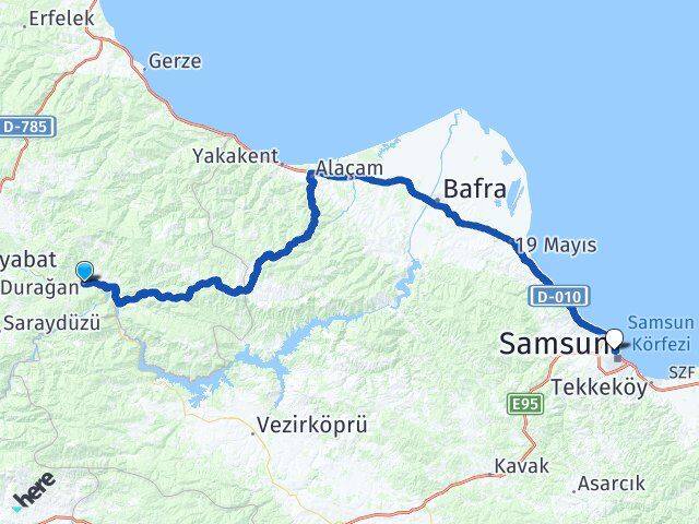 Sinop Durağan İlkadım Samsun Arası Kaç Km - Yol Haritası