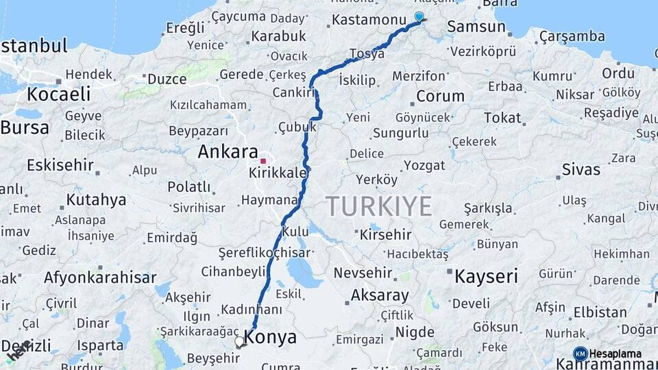 Sinop Durağan Konya Arası Kaç Km - Yol Haritası