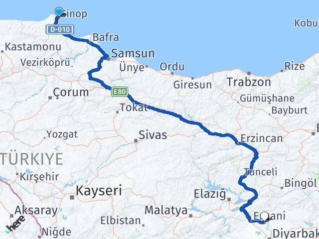Sinop Eğil Diyarbakır Arası Kaç Km - Yol Haritası