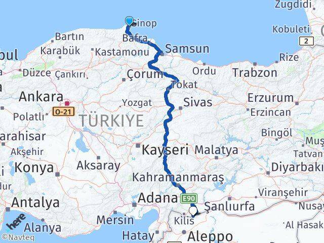 Sinop Elbeyli Kilis Arası Kaç Km - Yol Haritası