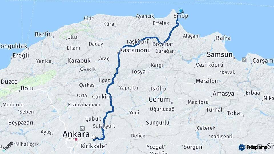 Sinop Elmadağ Ankara Arası Kaç Km - Yol Haritası