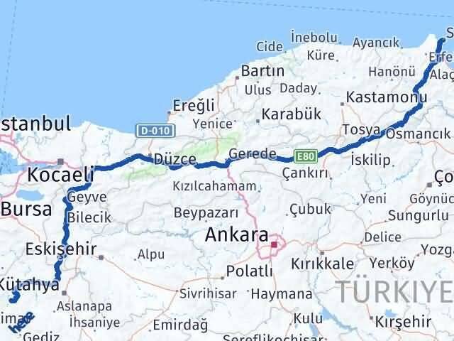 Sinop Emet Kütahya Arası Kaç Km - Yol Haritası