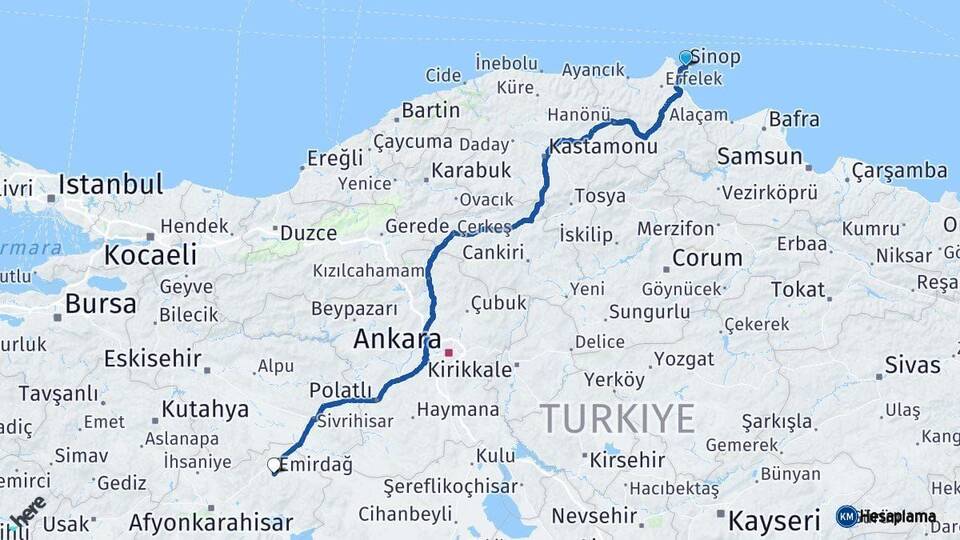 Sinop Emirdağ Afyonkarahisar Arası Kaç Km - Yol Haritası