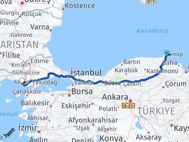 Sinop Enez Edirne Arası Kaç Km - Yol Haritası