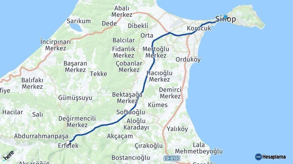 Sinop Erfelek Arası Kaç Km - Yol Haritası